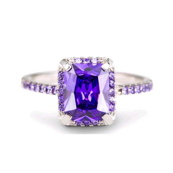 Lesa Michele Jewelry - Purple CZ Princess-Cut Halo Ring - Size 7